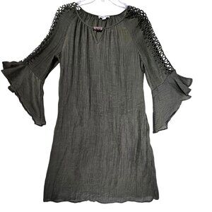 Indigo Rose Olive Green Bell Sleeve Boho Dress Lined Cutout Crochet Sleeves